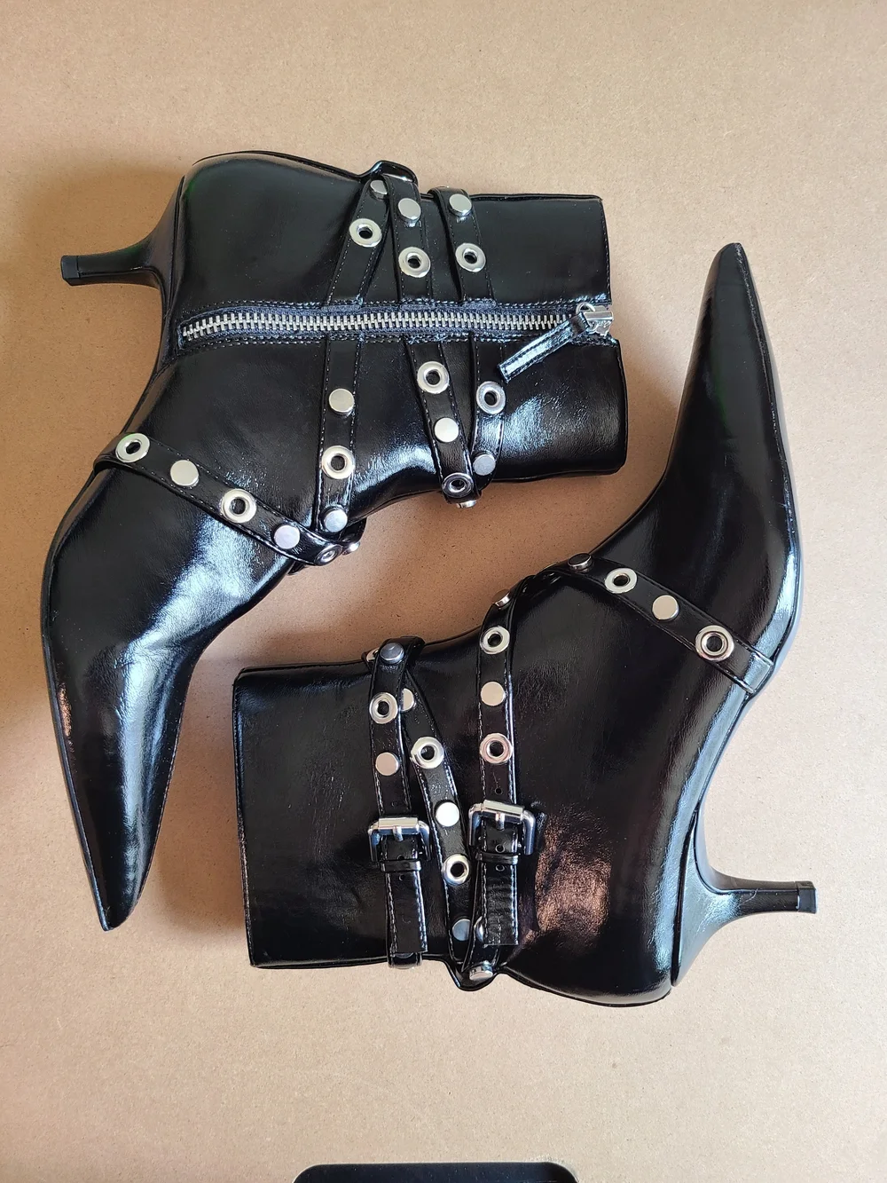 Zara Black Pointed-Toe Grommet Strap Ankle Booties